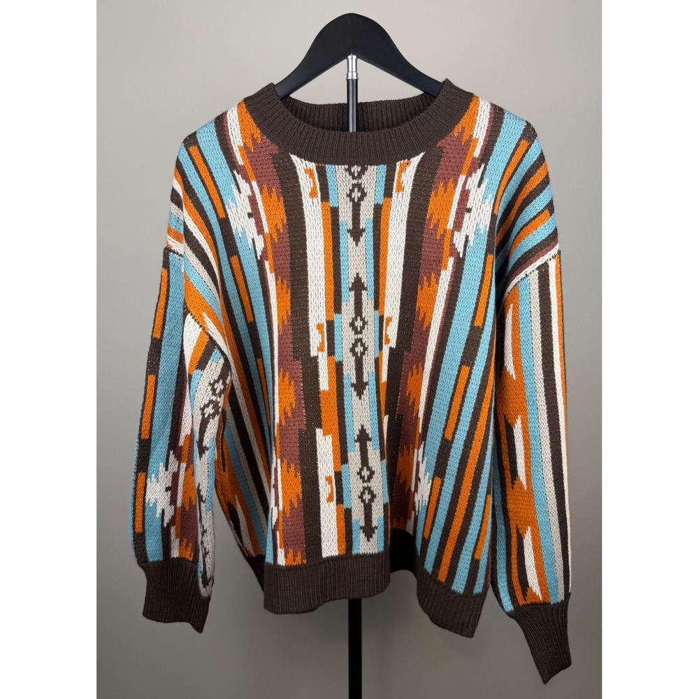 Sterling Kreek Womens Southwestern Geometric Knit Crew Neck Sweater Brown Blue S